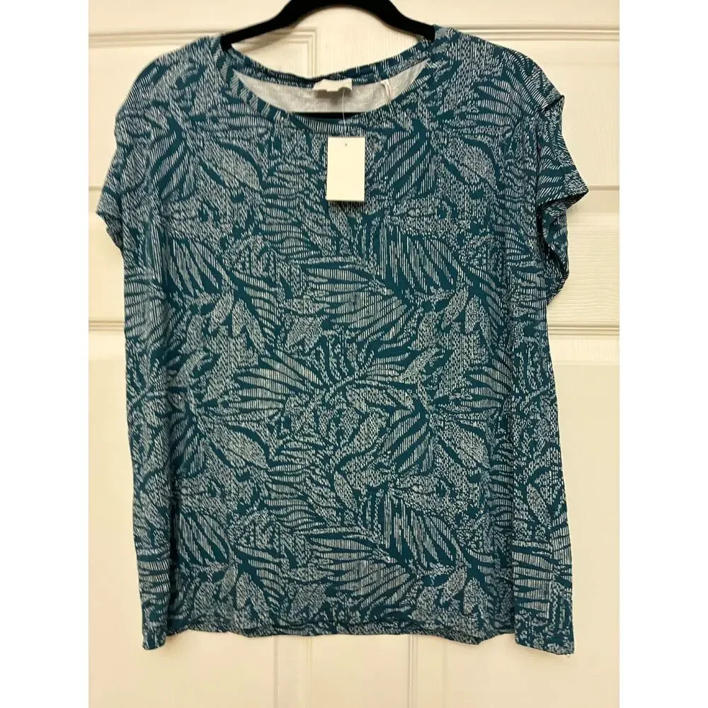 Womens Teal Abstract Print Top Sustainable‎ Viscose Short Sleeve Stretch NWT 40